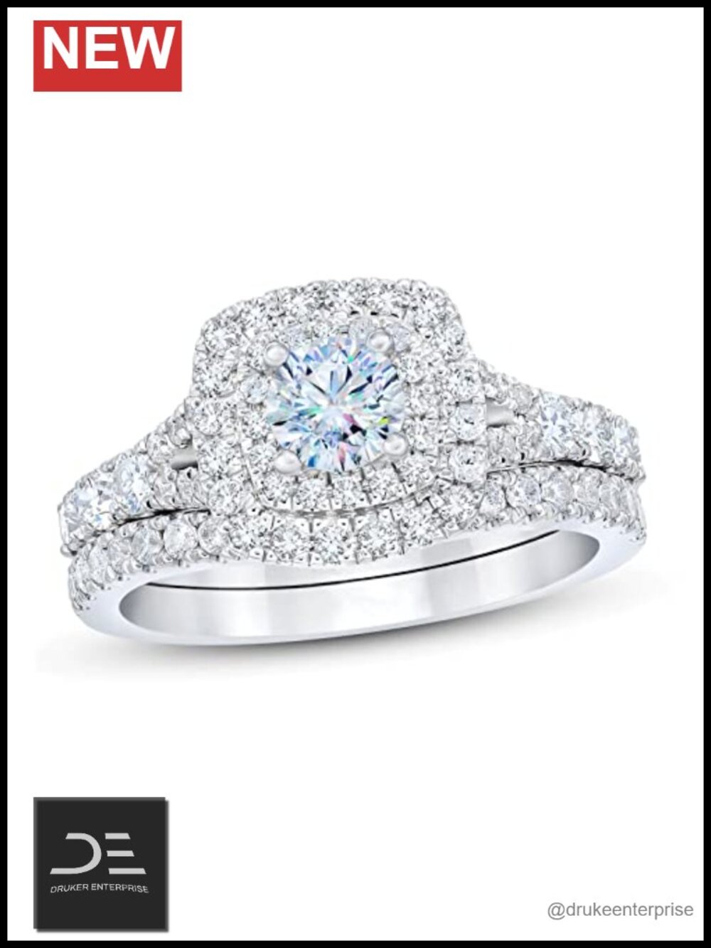 1.5 Carat Moissanite Bridal Set Engagement Ring, Platinum Plated Silver,